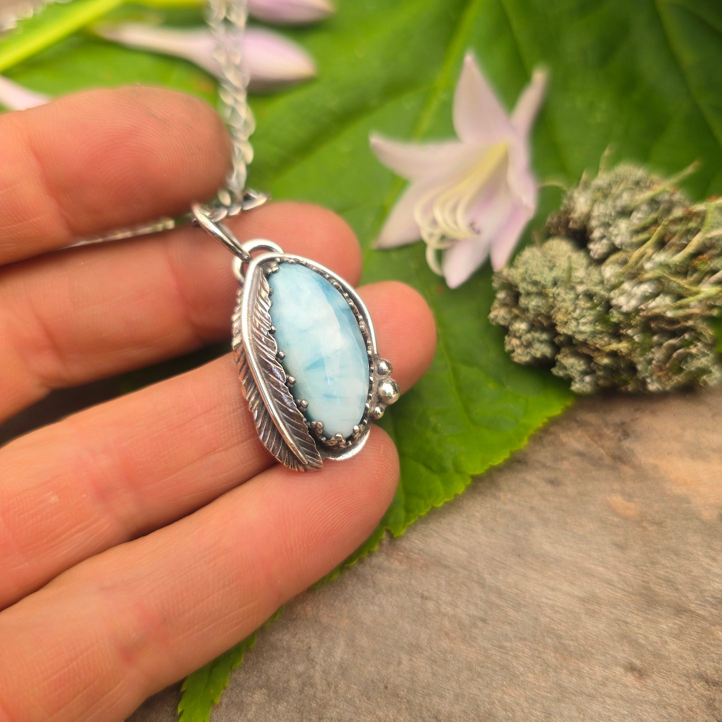 Larimar & Feather Hand-Forged Sterling Silver Pendant