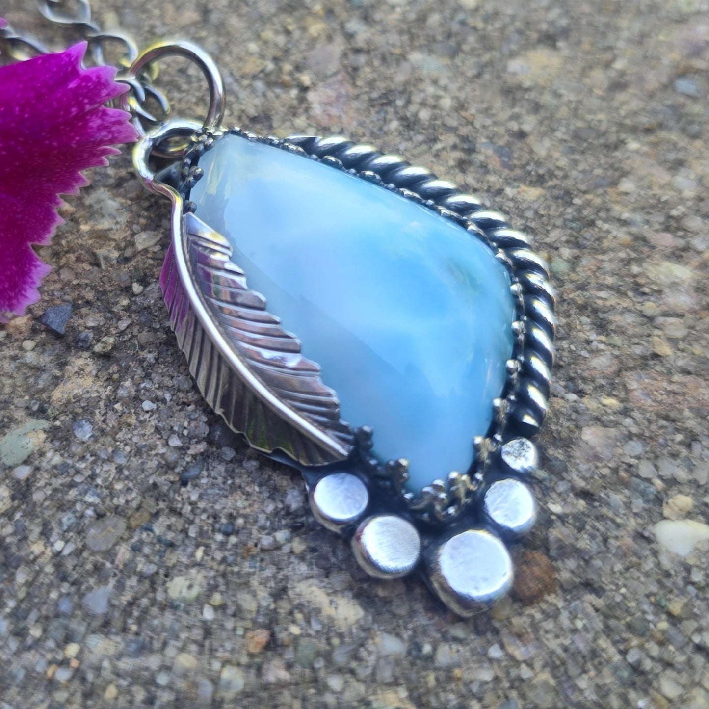 Larimar Feather & River Rock Sterling Silver Pendant