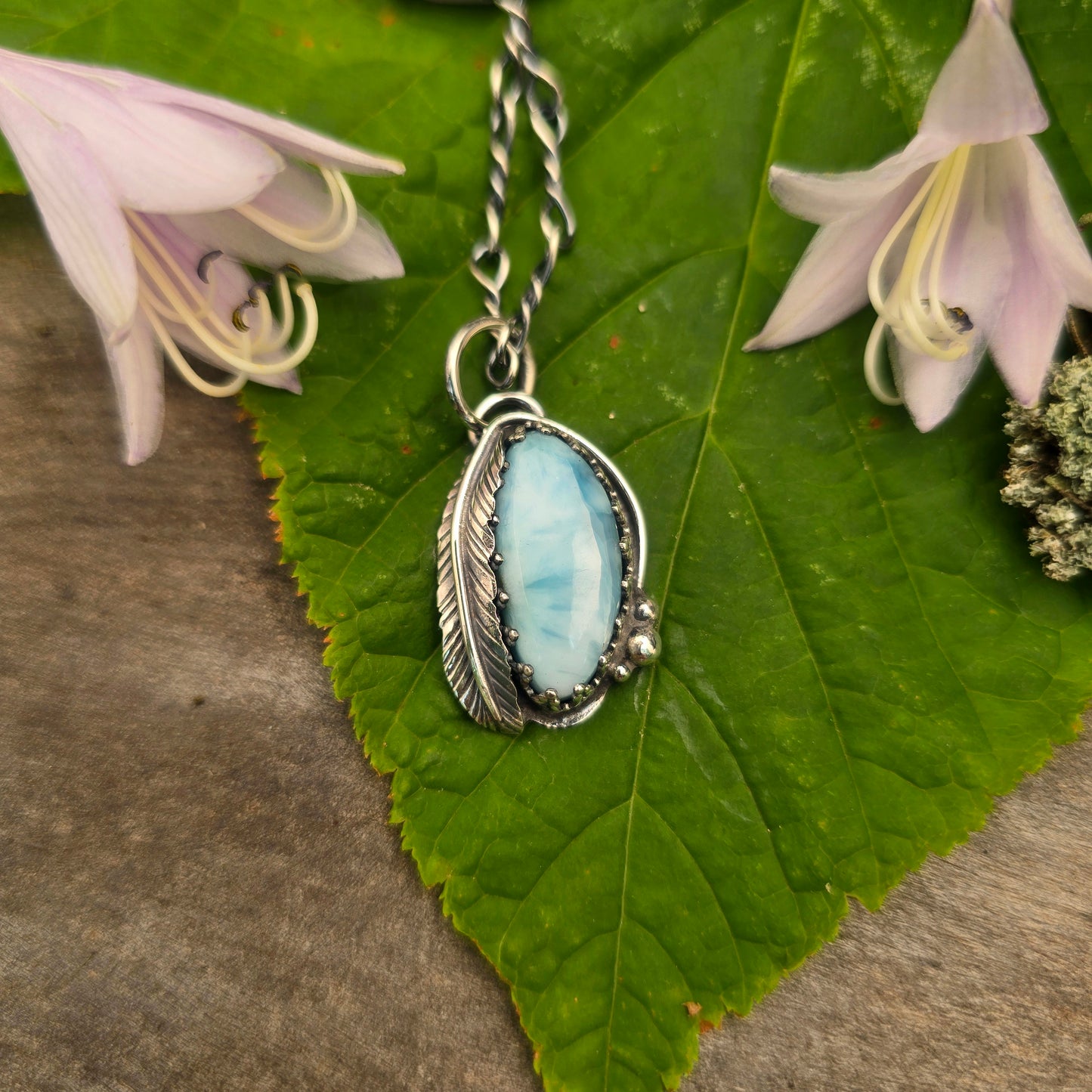 Larimar & Feather Hand-Forged Sterling Silver Pendant