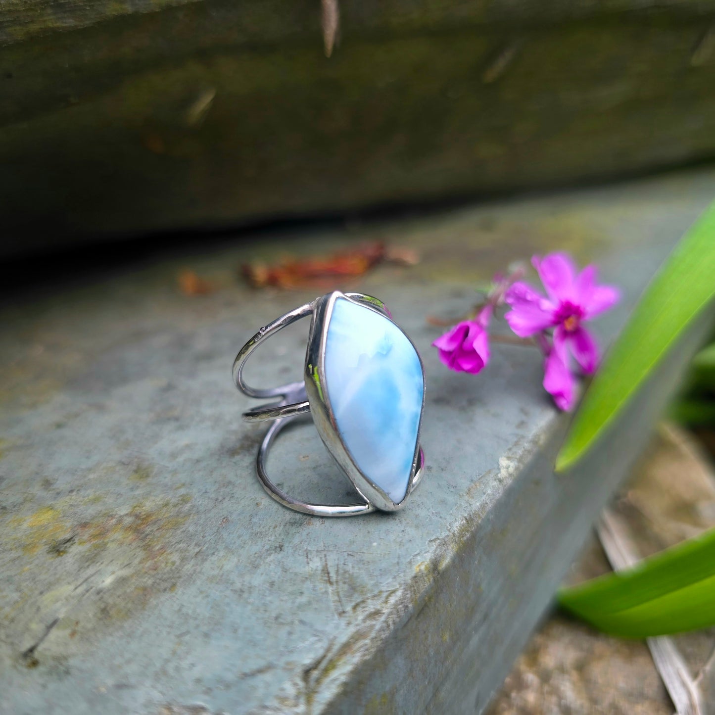Larimar Hand-Forged Sterling Silver Triple Band Ring