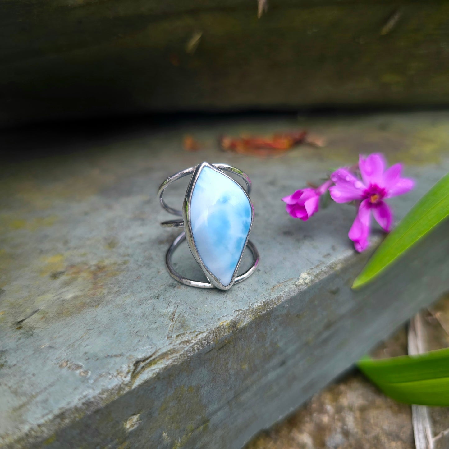 Larimar Hand-Forged Sterling Silver Triple Band Ring