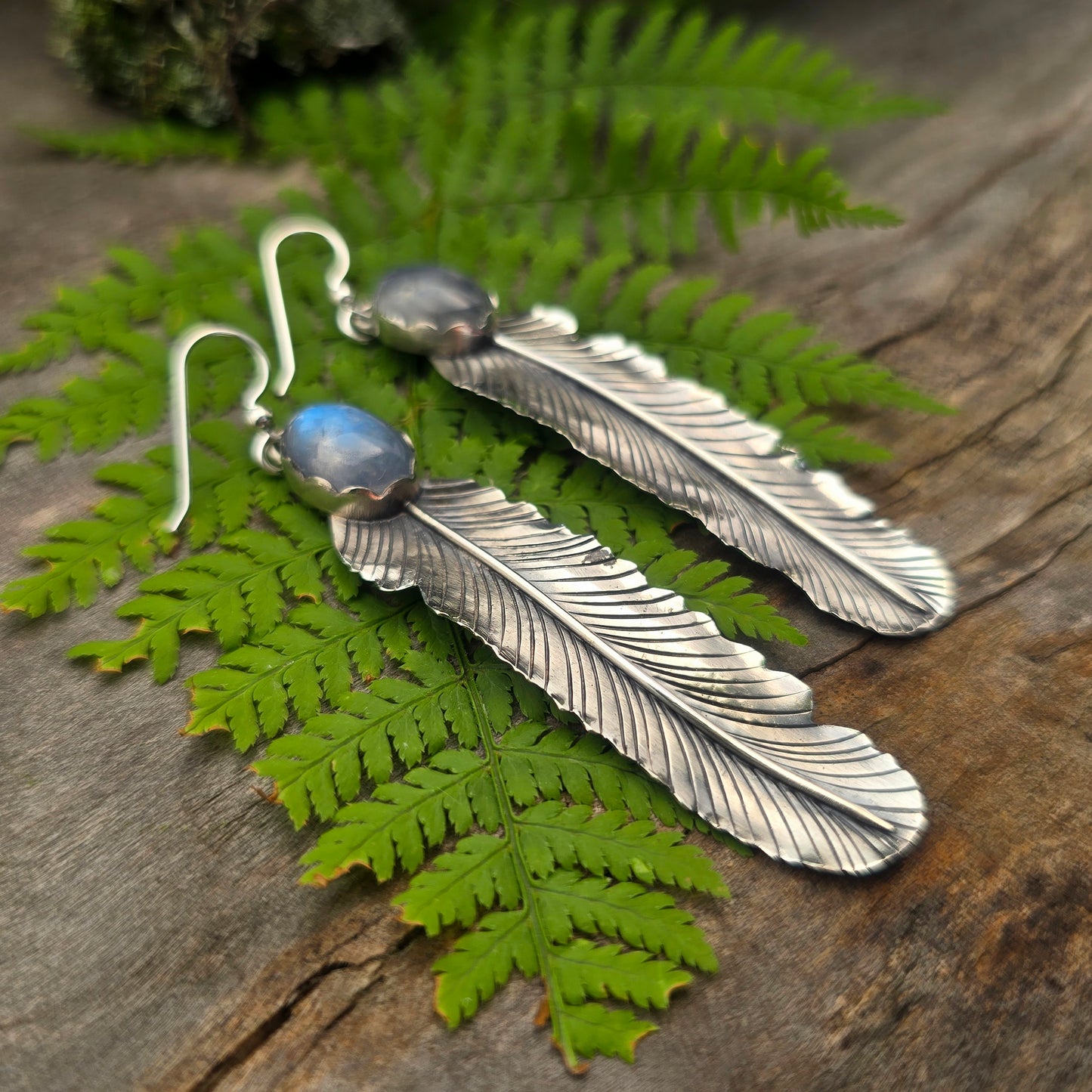 Rainbow Moonstone Feather Sterling Silver Statement Earrings