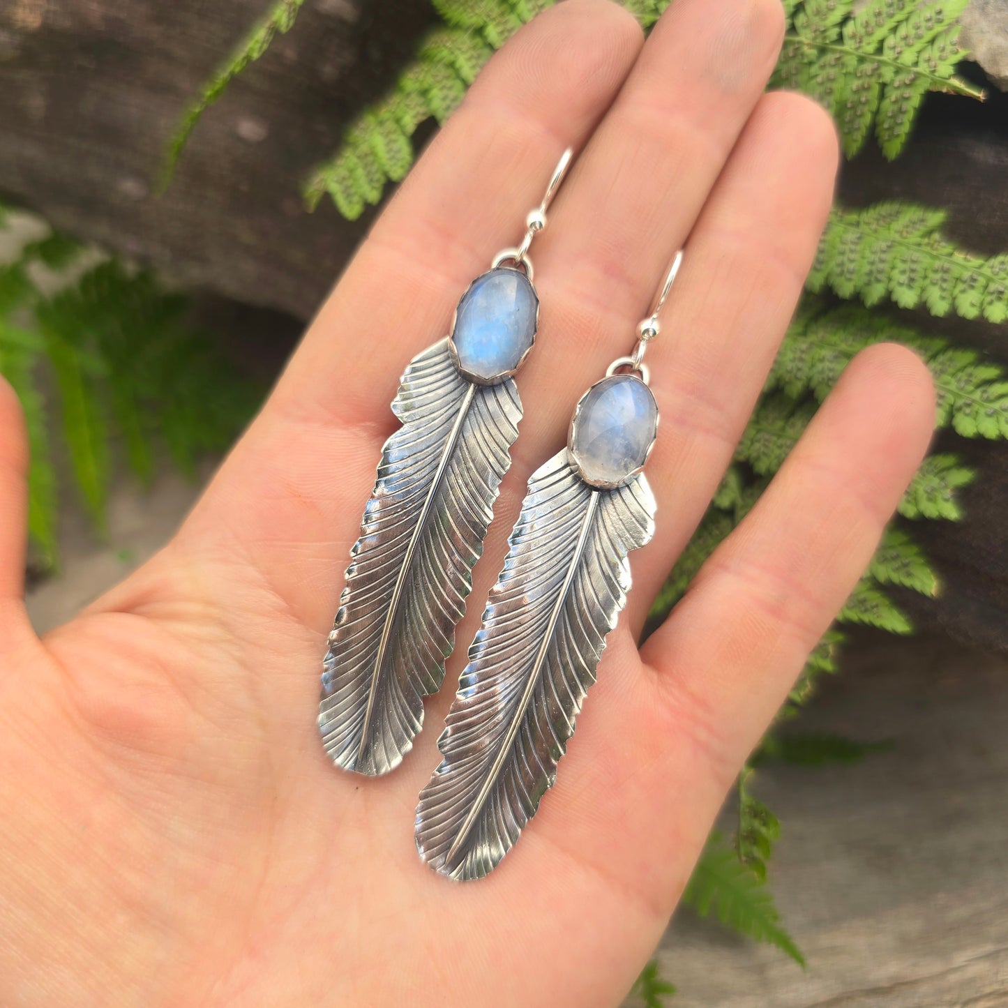 Rainbow Moonstone Feather Sterling Silver Statement Earrings