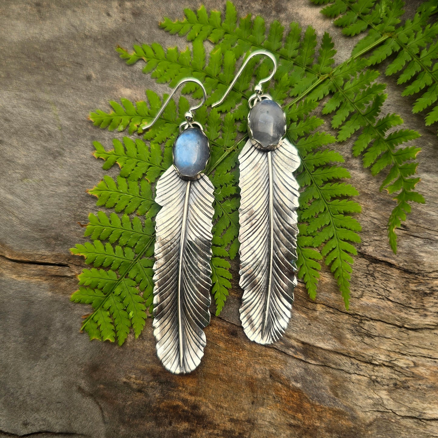Rainbow Moonstone Feather Sterling Silver Statement Earrings