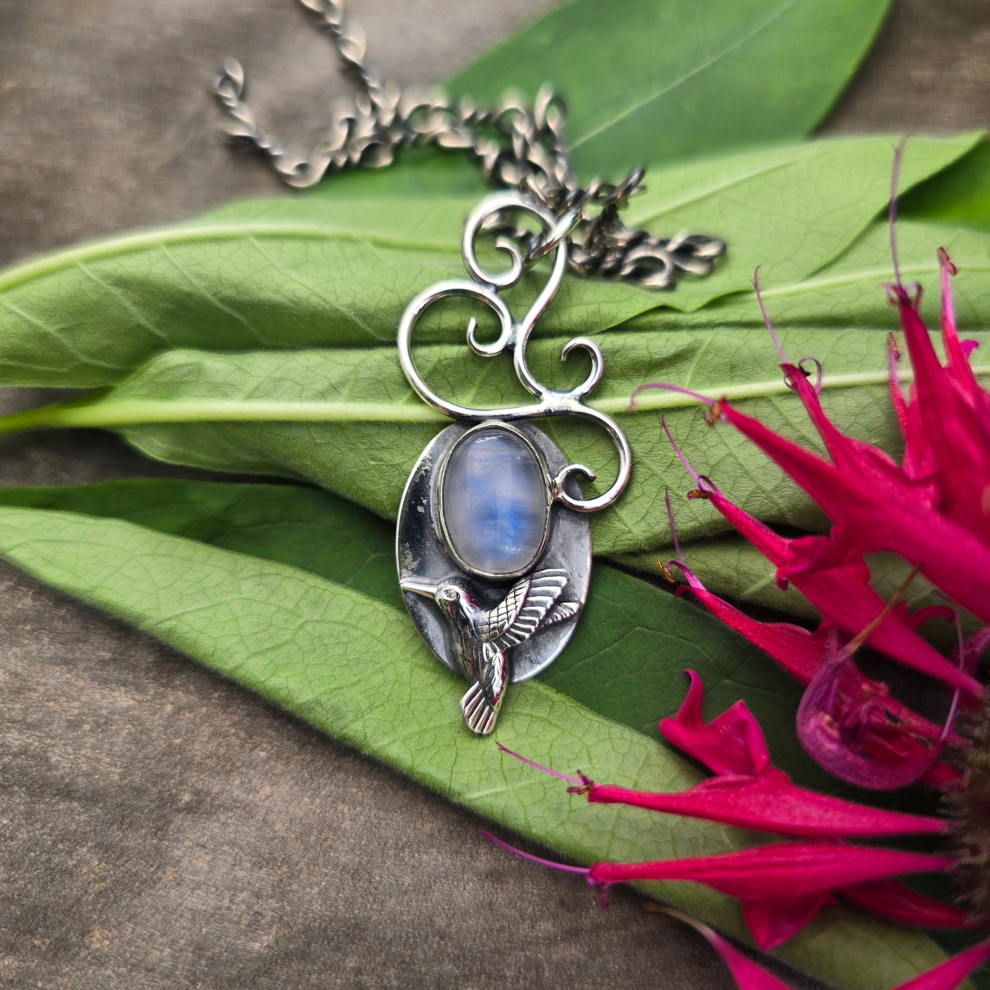 Rainbow Moonstone, Hummingbird & Swirl Hand-Forged Sterling Silver Pendant