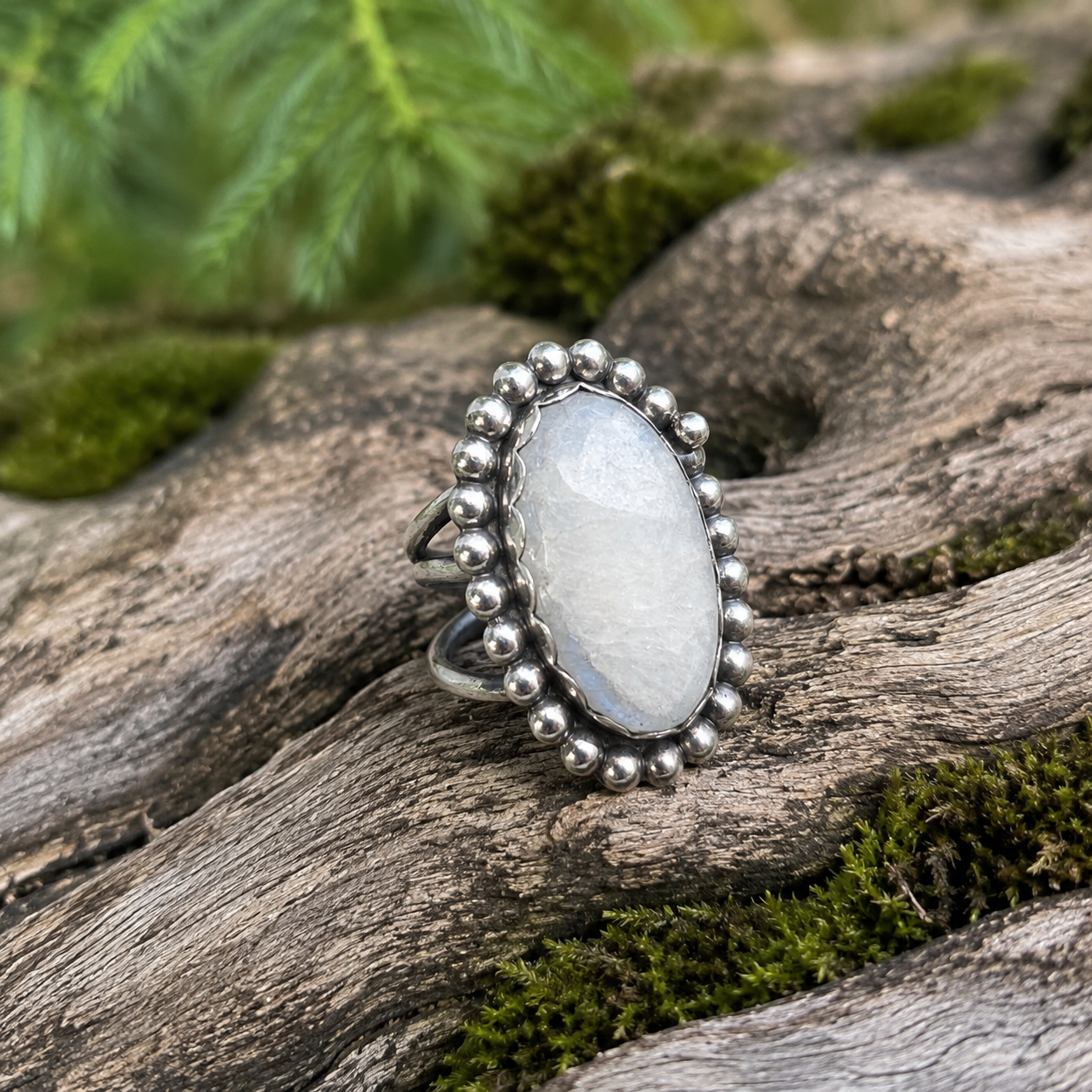 White Moonstone Beaded Statement Ring (One of a Kind) — Size 6.5