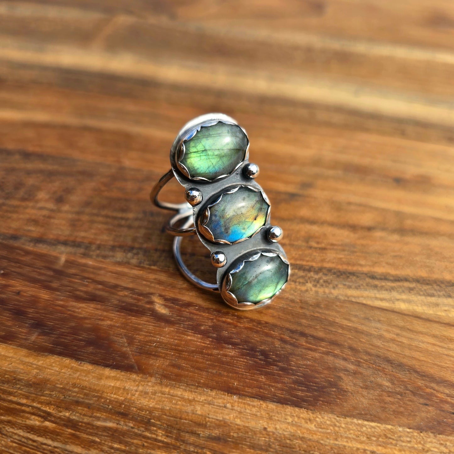 Multi-Color Labradorite Stacked Ring — One-of-a-Kind Sterling Silver Statement