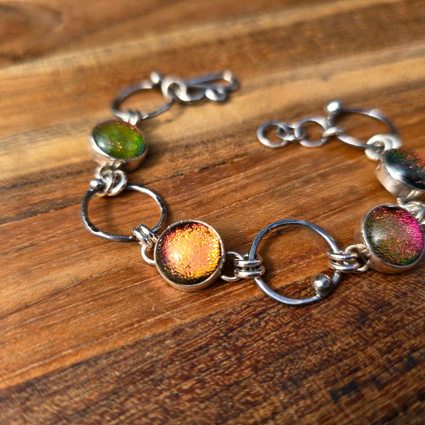 Dichroic Glass & Beaded Hoop Chain Link Bracelet — One-of-a-Kind Sterling Silver