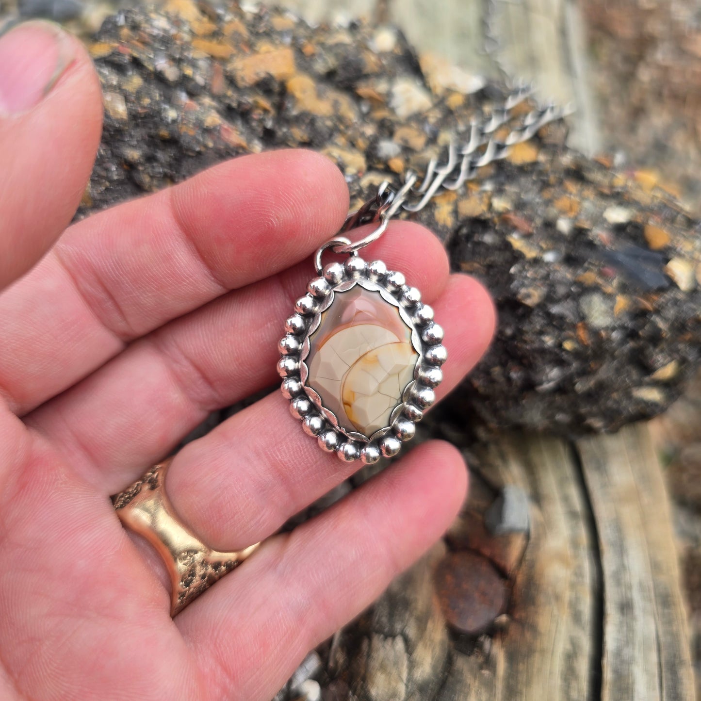 Imperial Jasper Pendant with Beaded Border in Sterling Silver