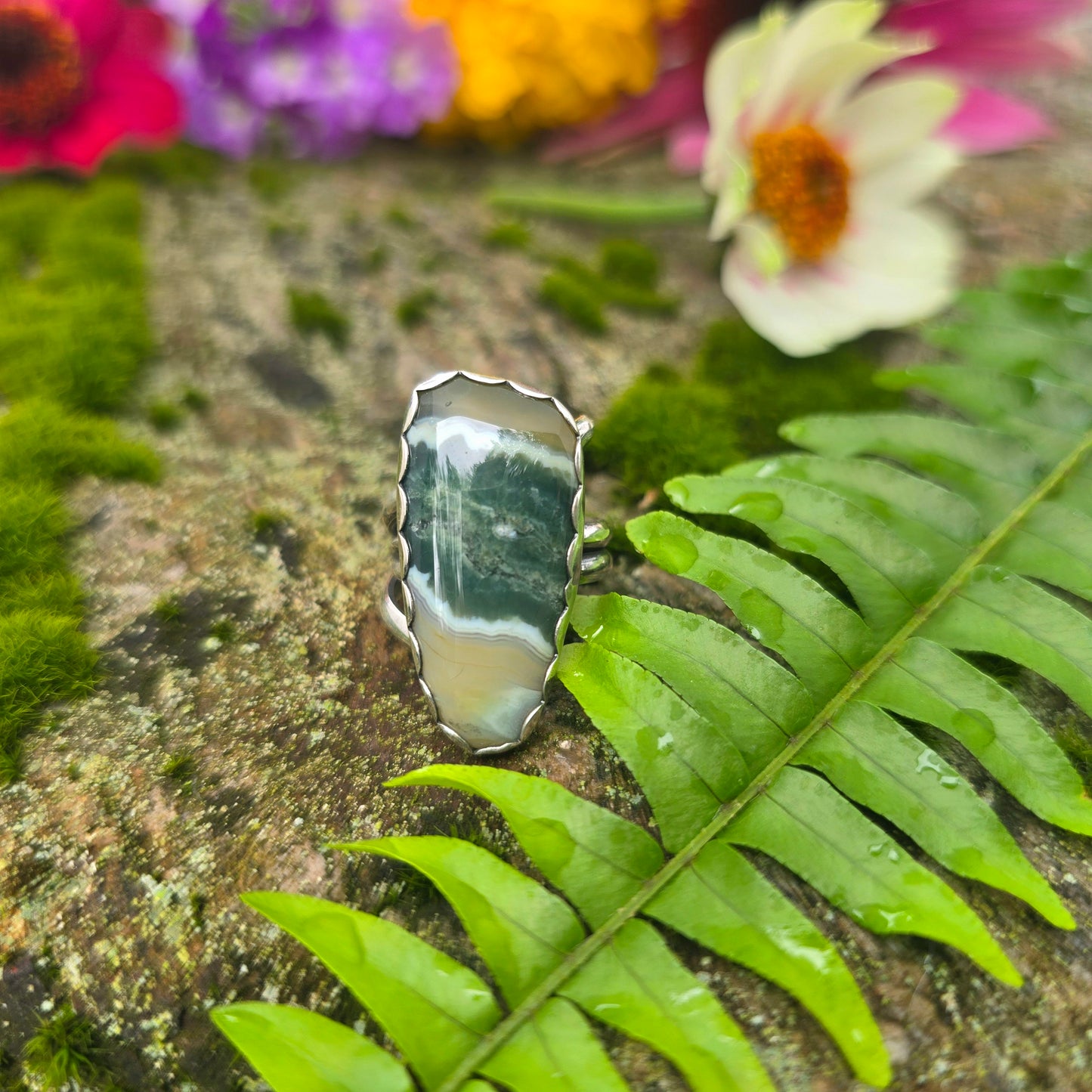 Adjustable Ocean Jasper Hand-Forged Sterling Silver Ring