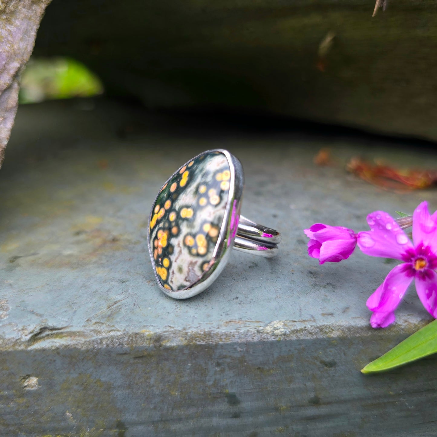 Speckled Ocean Jasper Hand-Forged Sterling Silver Adjustable Ring