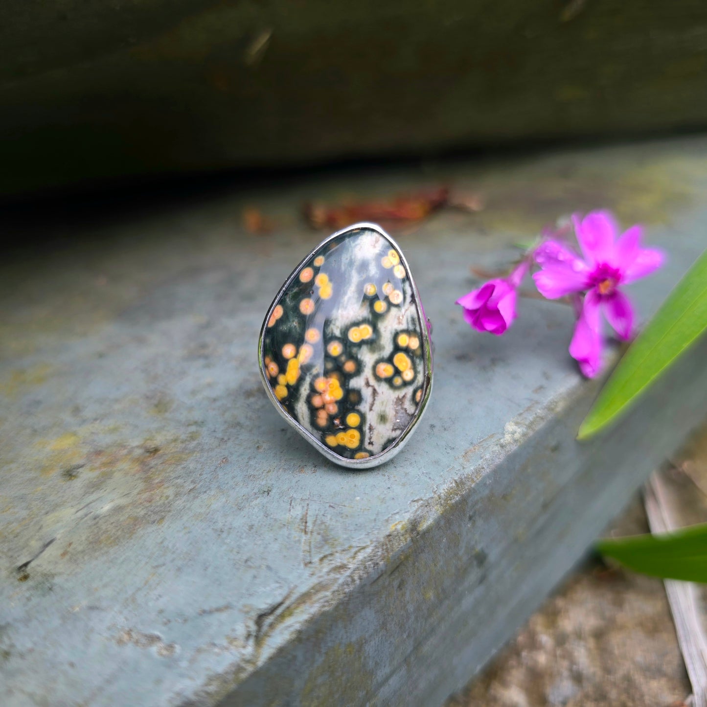 Speckled Ocean Jasper Hand-Forged Sterling Silver Adjustable Ring