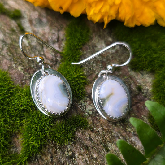 White & Green Ocean Jasper Hand-Forged Sterling Silver Earrings