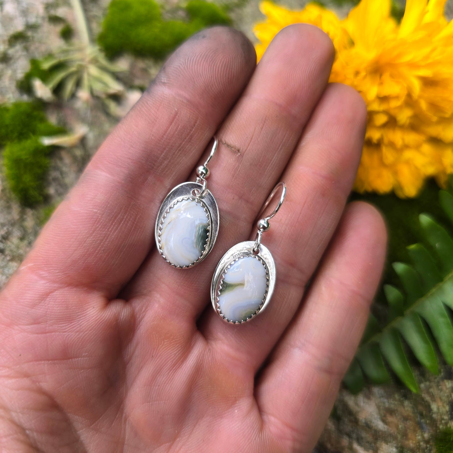 White & Green Ocean Jasper Hand-Forged Sterling Silver Earrings
