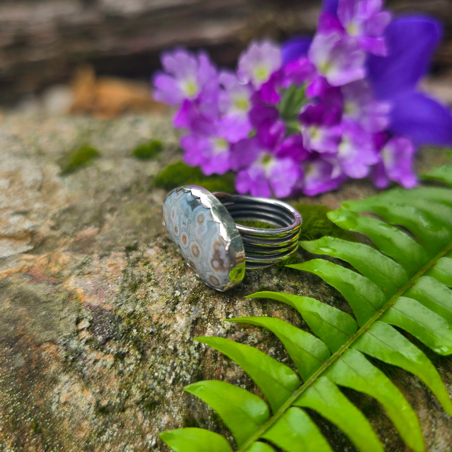 East-West Ocean Jasper Four Band Hand-Forged Sterling Silver Ring