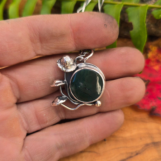 Green Ocean Jasper and Mushroom Sterling Silver Pendant