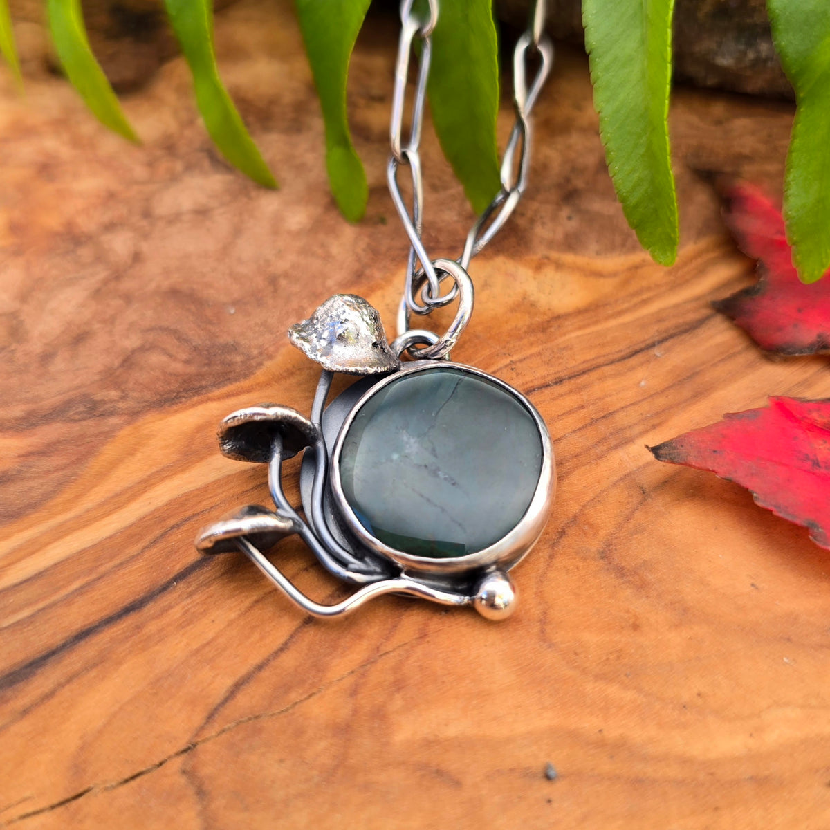 Green Ocean Jasper and Mushroom Sterling Silver Pendant