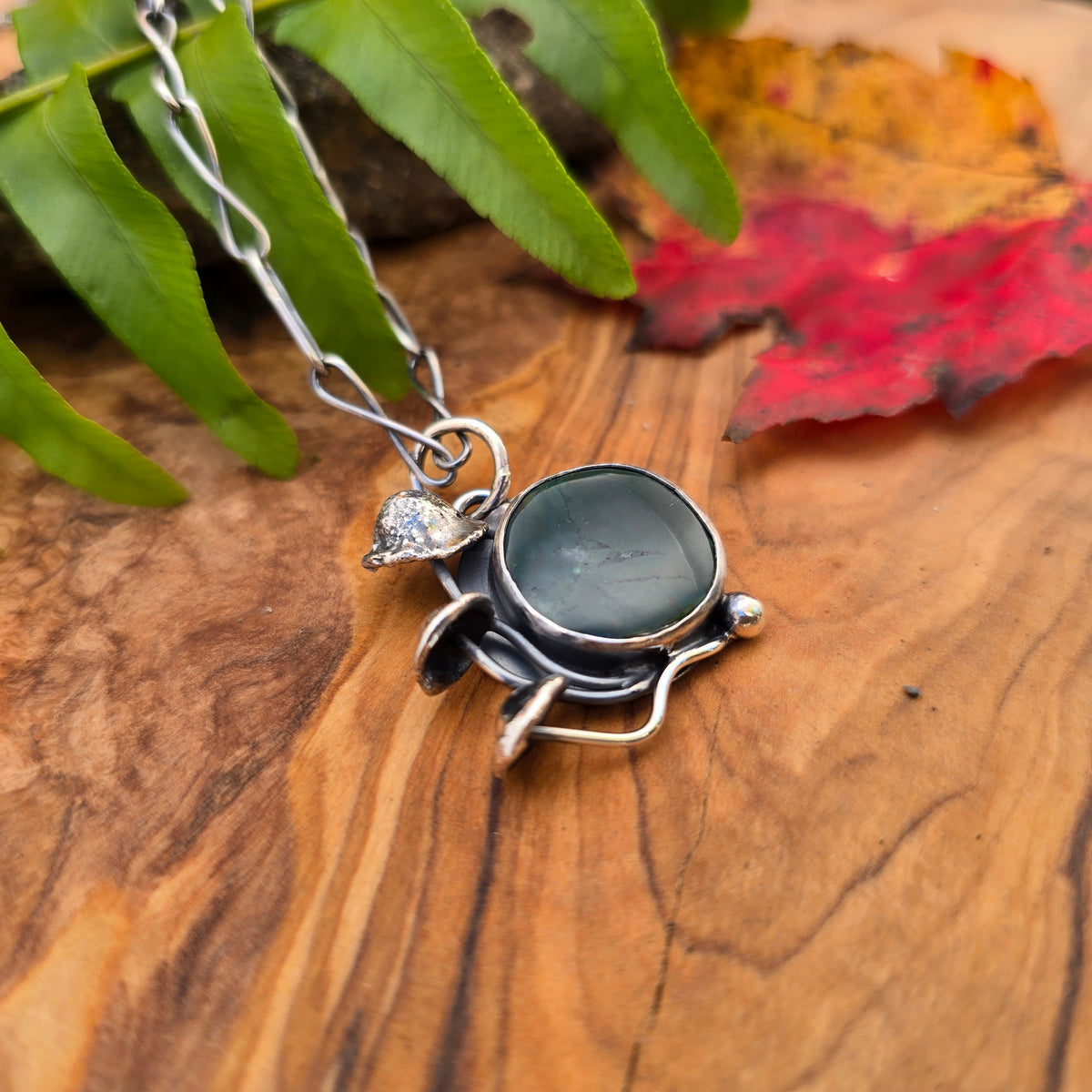 Green Ocean Jasper and Mushroom Sterling Silver Pendant