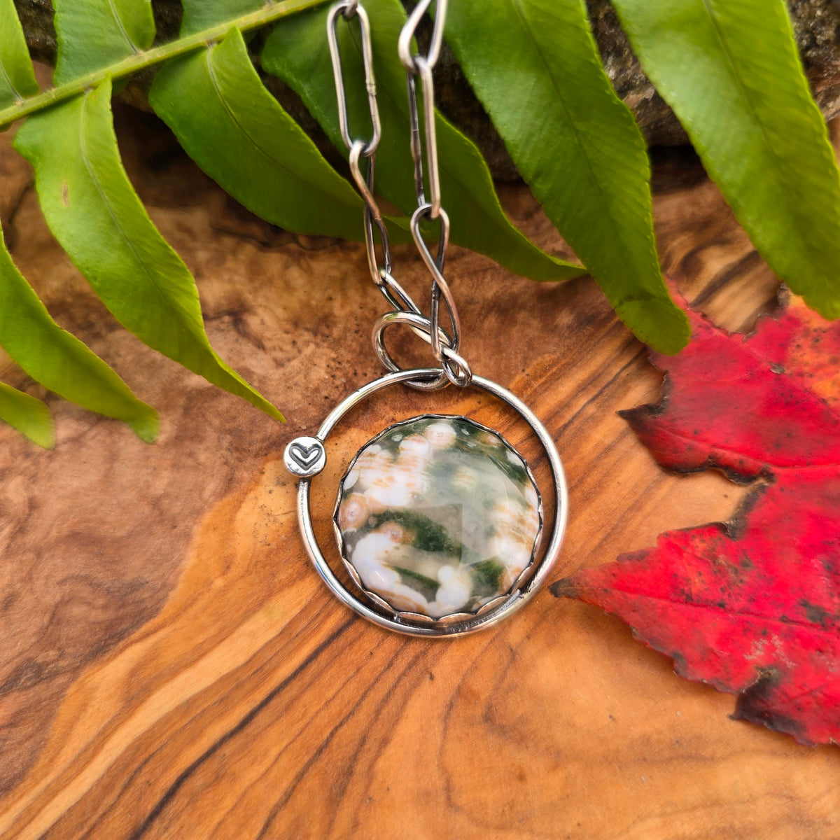 Ocean Jasper Heart-Stamped Sterling Silver Pendant