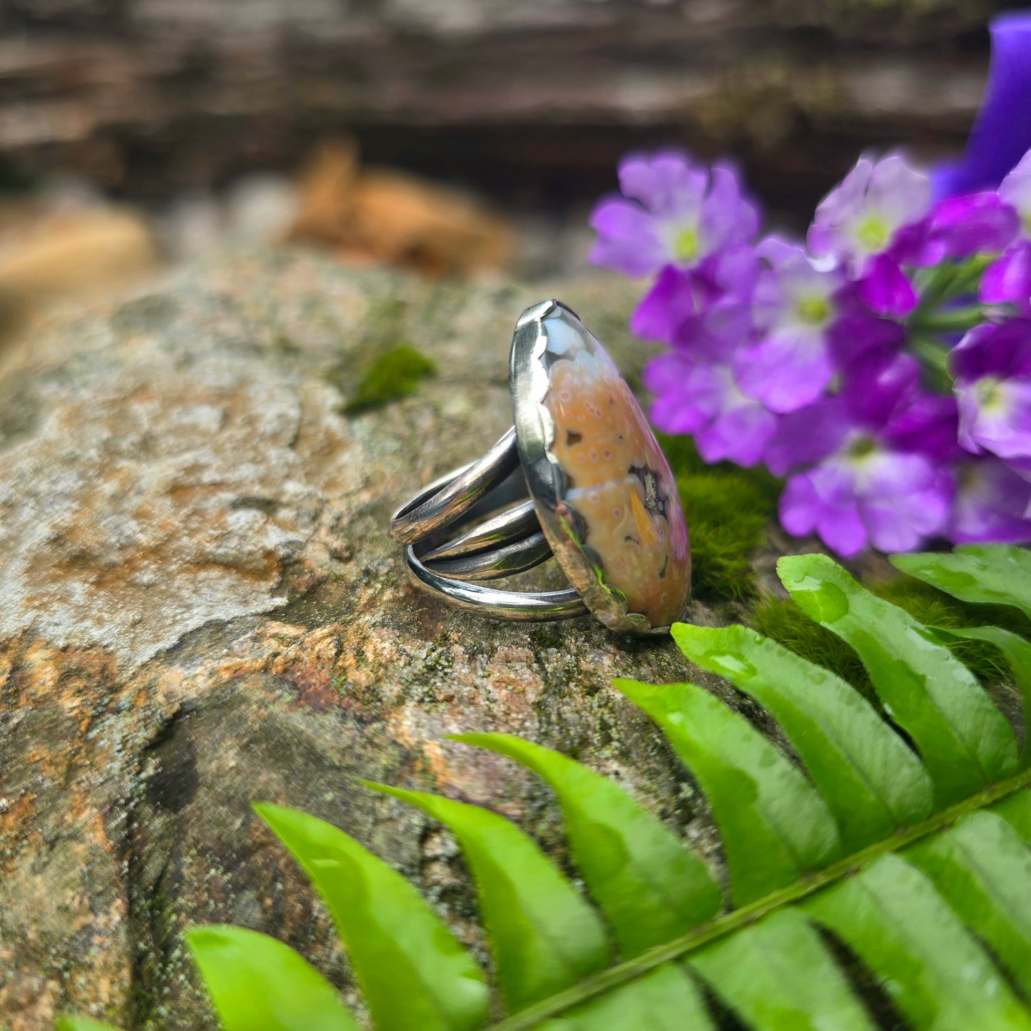 Adjustable Ocean Jasper Hand-Forged Sterling Silver Ring