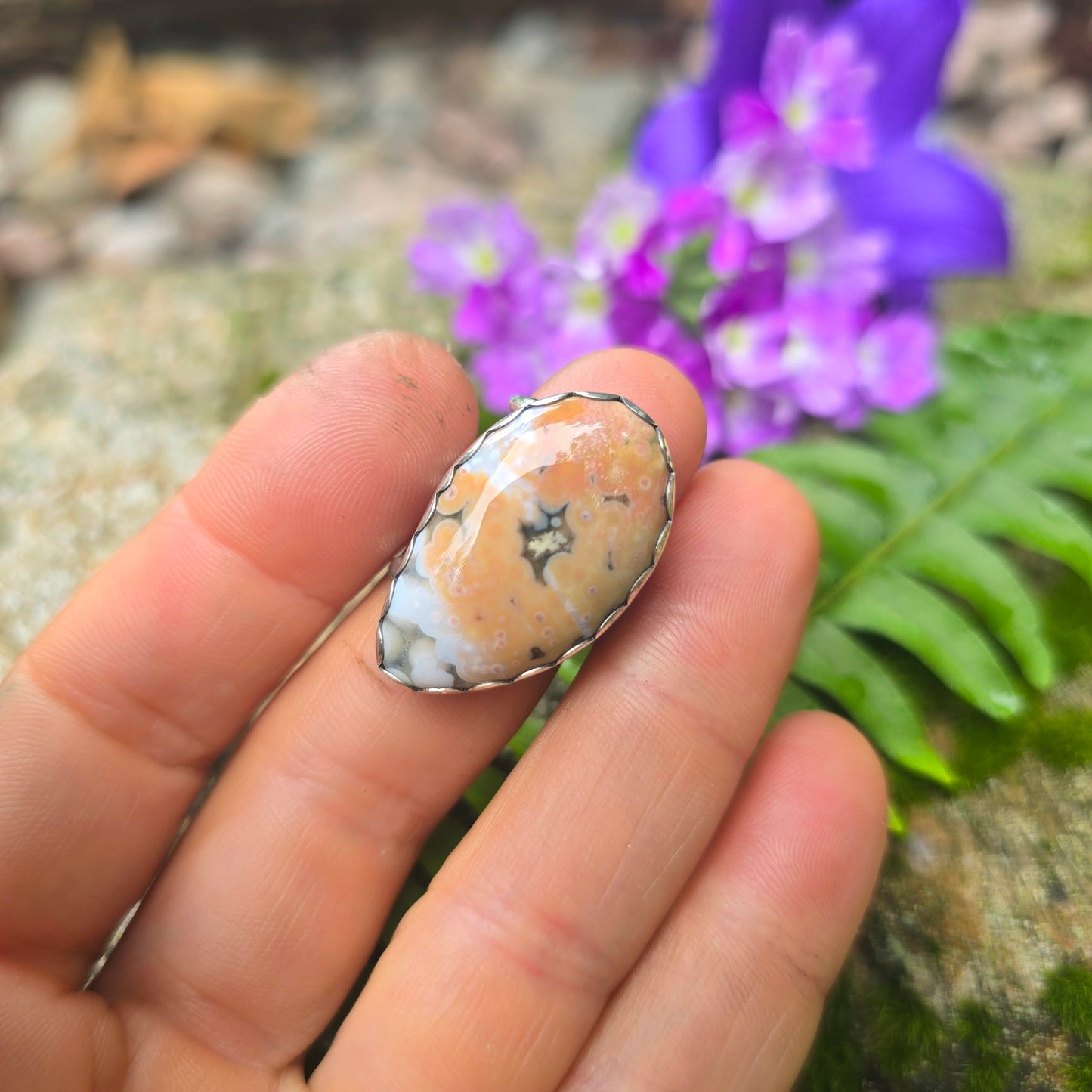 Adjustable Ocean Jasper Hand-Forged Sterling Silver Ring