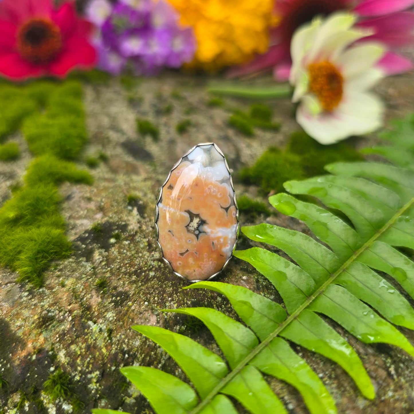 Adjustable Ocean Jasper Hand-Forged Sterling Silver Ring