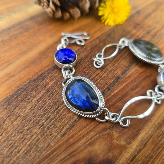 One-of-a-Kind Blue Flash Labradorite & Dichroic Glass Chain Link Bracelet