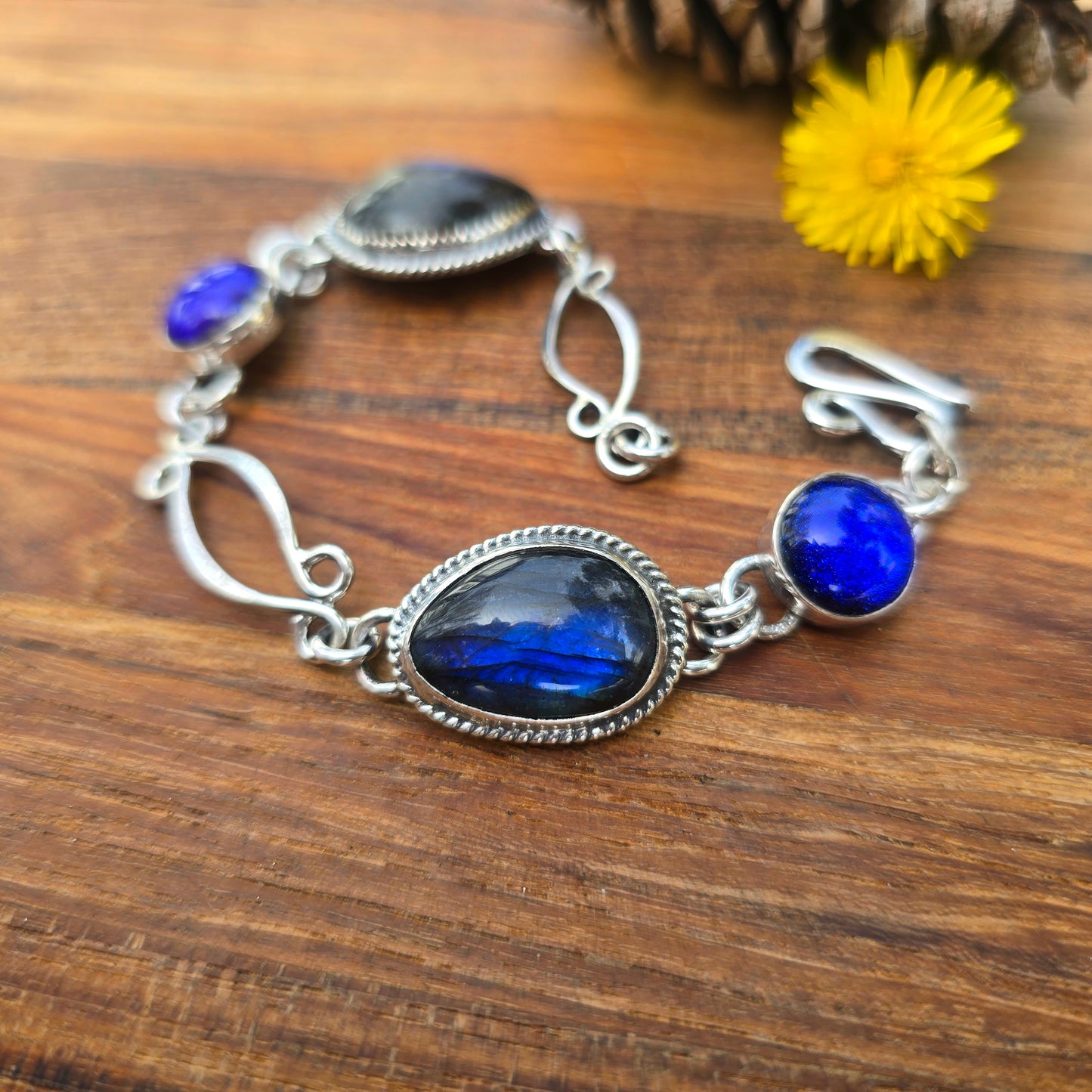 One-of-a-Kind Blue Flash Labradorite & Dichroic Glass Chain Link Bracelet
