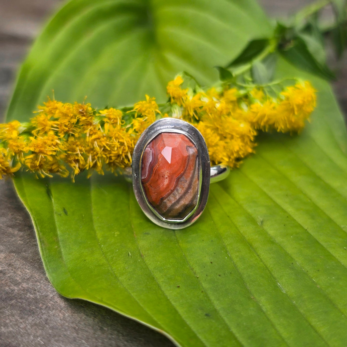 Orange & Gray Crazy Lace Agate Sterling Silver Ring