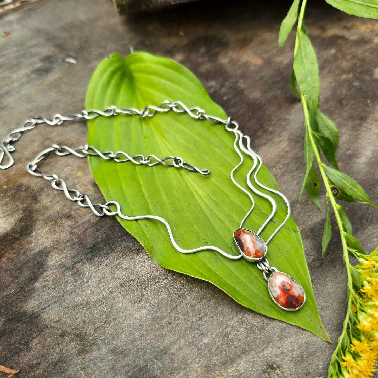 Orange Crazy Lace Agate Flowing Sterling Silver Statement Necklace
