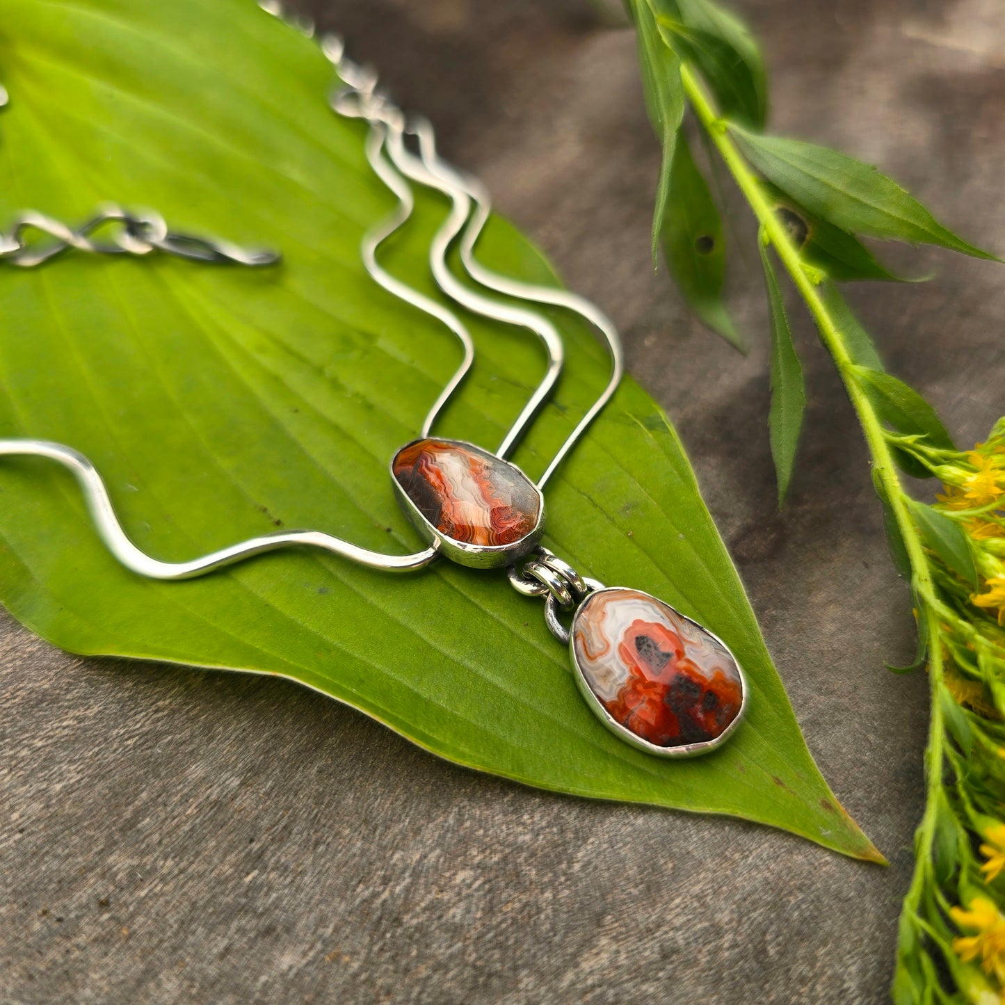Orange Crazy Lace Agate Flowing Sterling Silver Statement Necklace