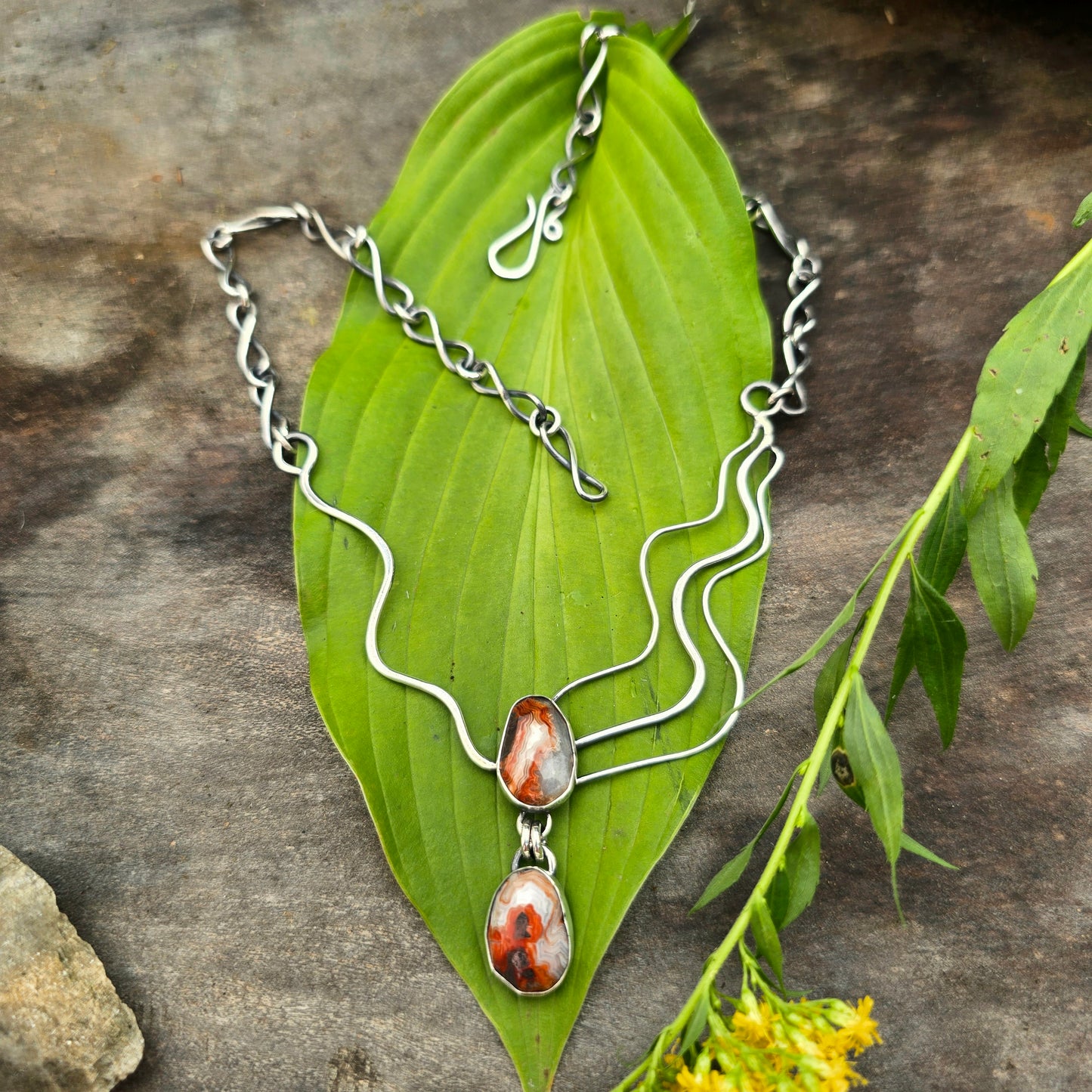 Orange Crazy Lace Agate Flowing Sterling Silver Statement Necklace