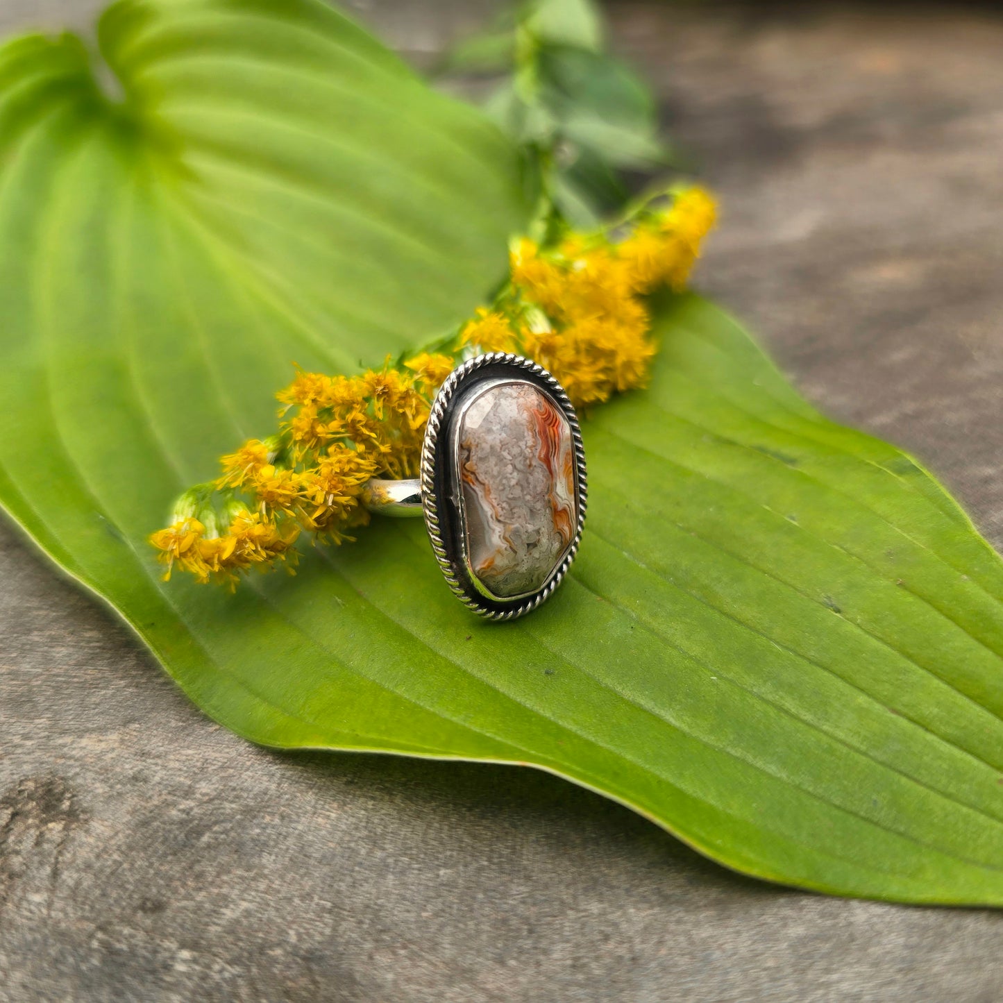White, Orange & Gray Crazy Lace Agate Sterling Silver Ring | Size 4.75