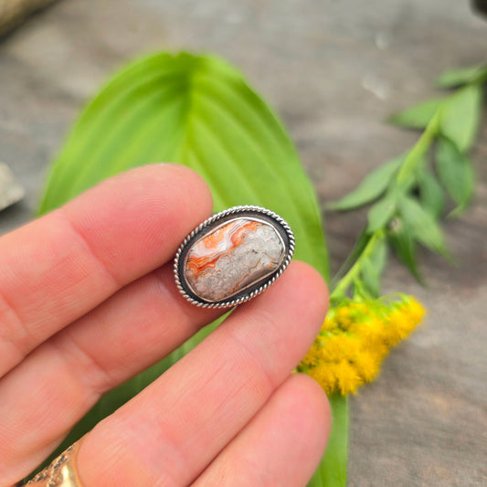 White, Orange & Gray Crazy Lace Agate Sterling Silver Ring | Size 4.75