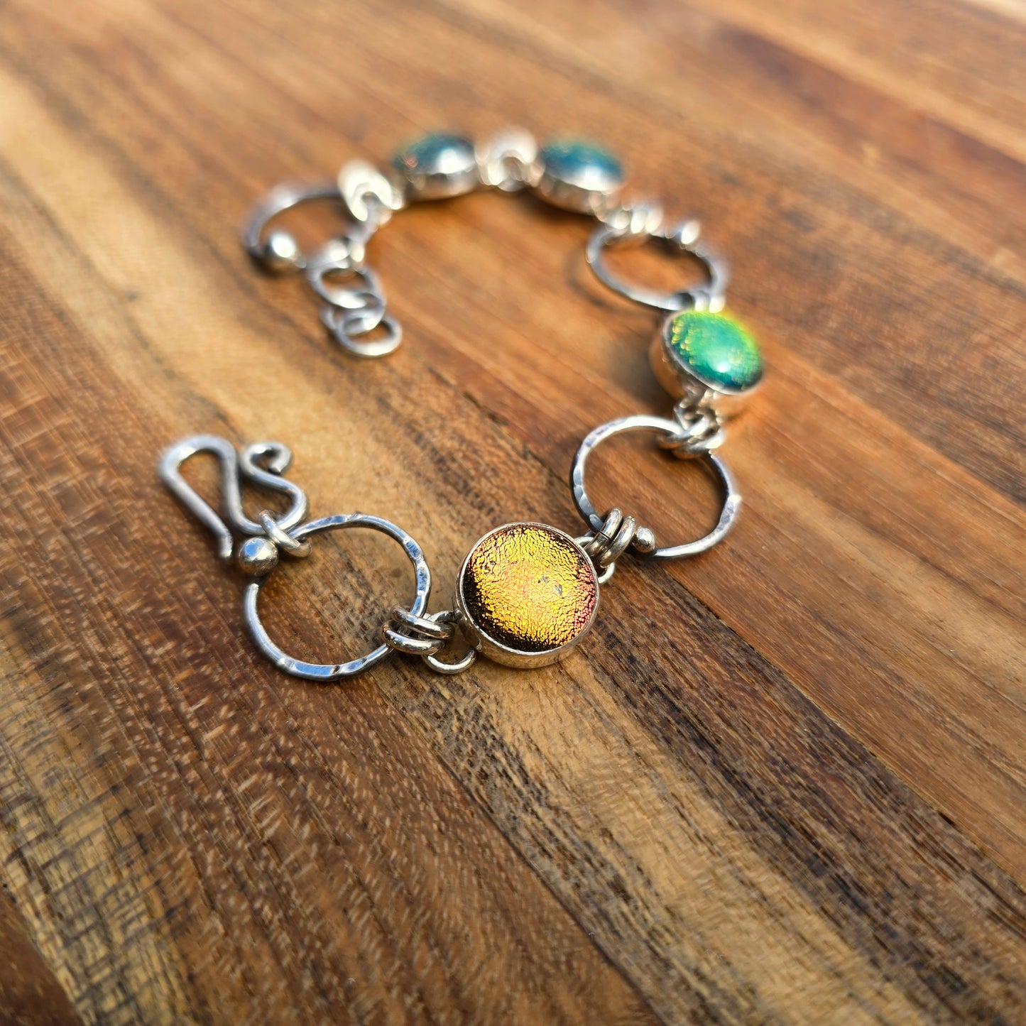 Dichroic Glass & Beaded Hoop Chain Link Bracelet — One-of-a-Kind Sterling Silver