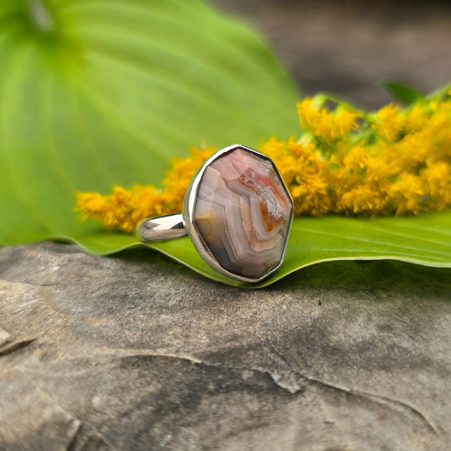 Pink, Orange & White Crazy Lace Agate Sterling Silver Ring | Size 7.75