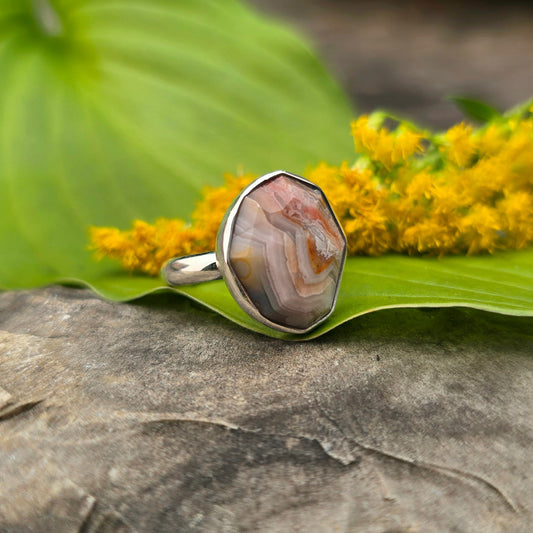 Pink, Orange & White Crazy Lace Agate Sterling Silver Ring | Size 7.75