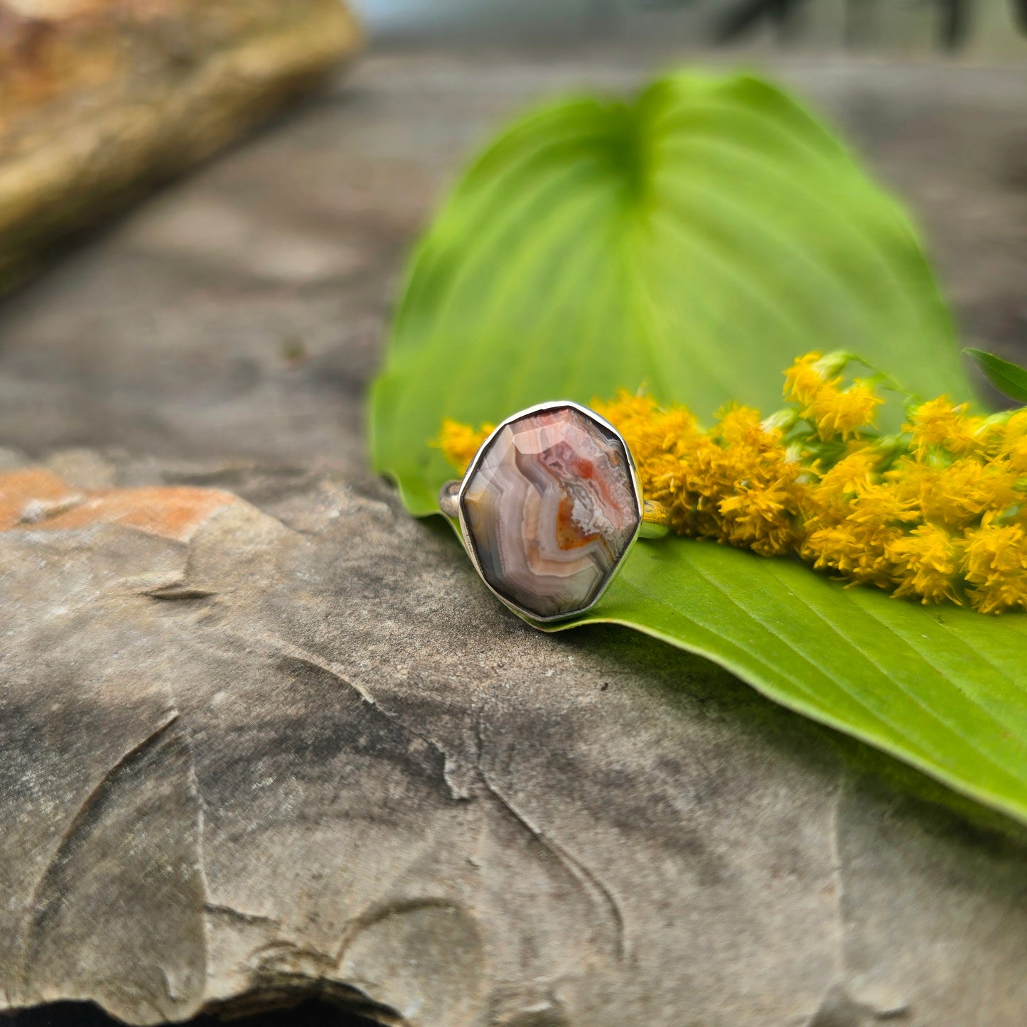 Pink, Orange & White Crazy Lace Agate Sterling Silver Ring | Size 7.75