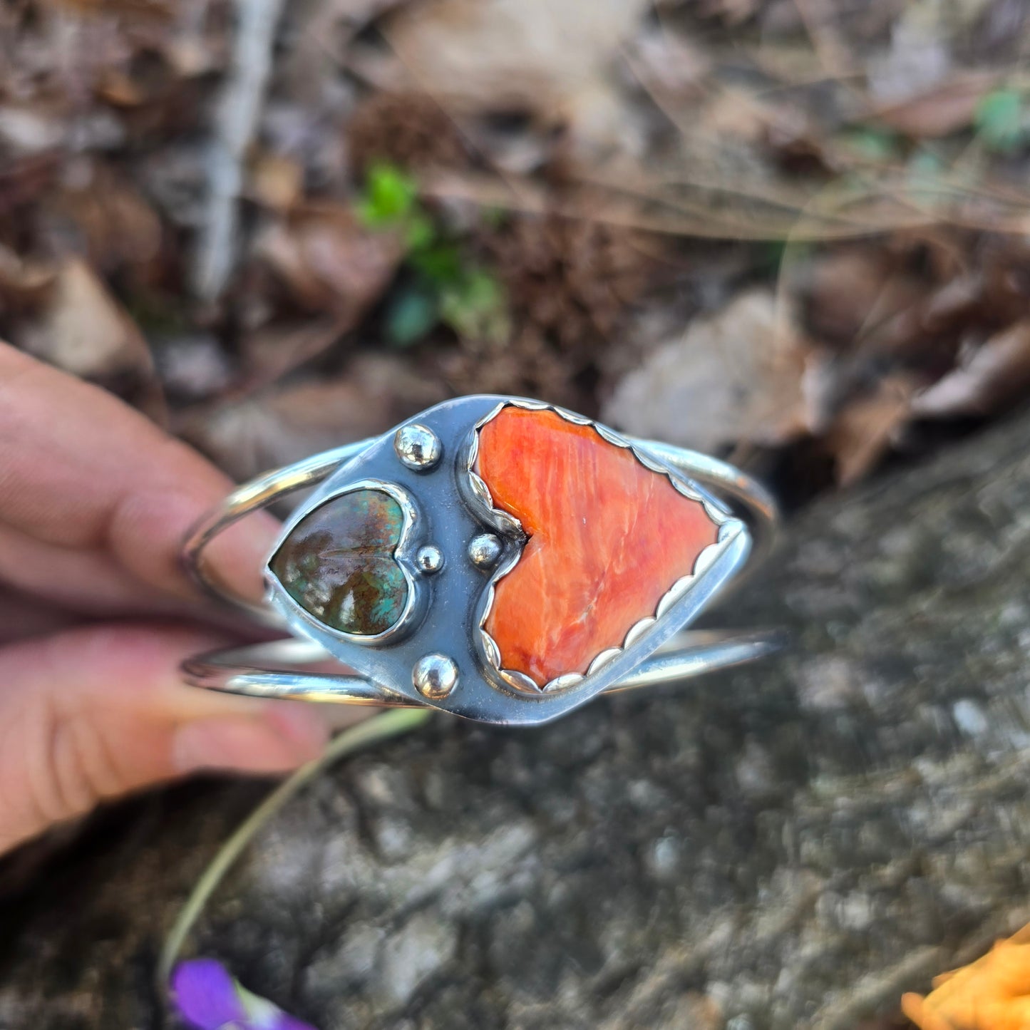 Spiny Oyster & Turquoise Heart Statement Cuff in Sterling Silver | Collector Works