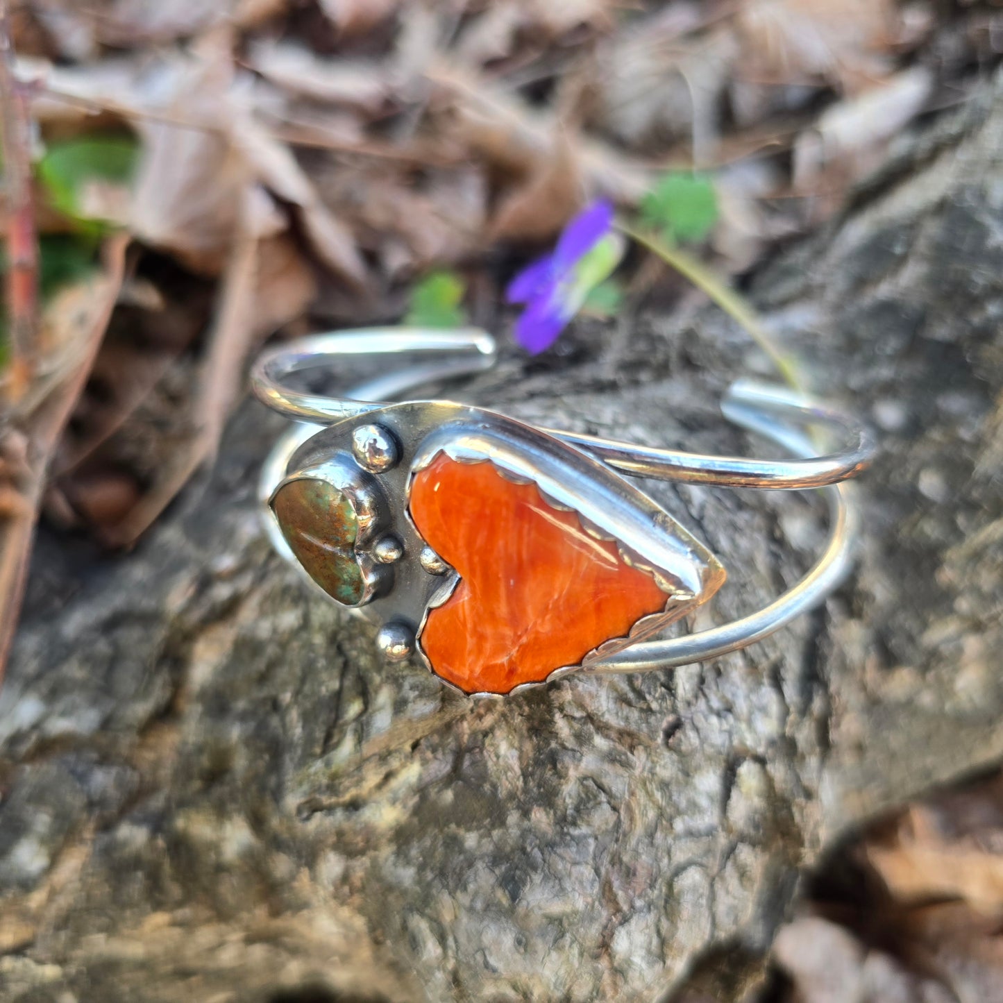 Spiny Oyster & Turquoise Heart Statement Cuff in Sterling Silver | Collector Works