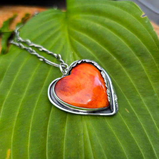 Orange Spiny Oyster Heart and Feather Pendant