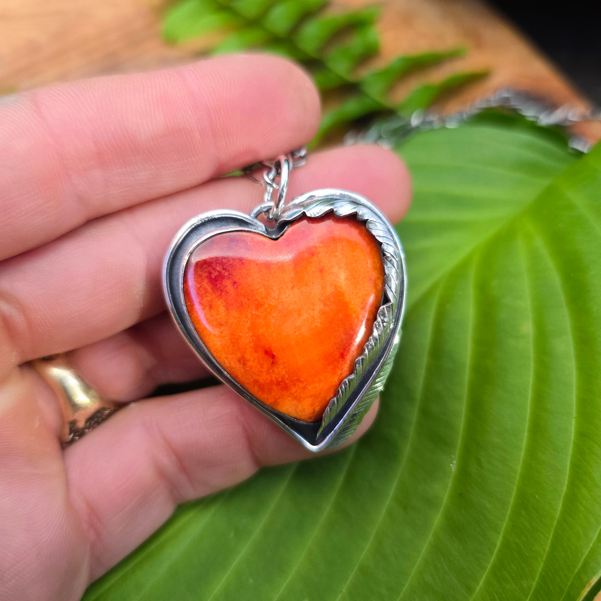 Orange Spiny Oyster Heart and Feather Pendant