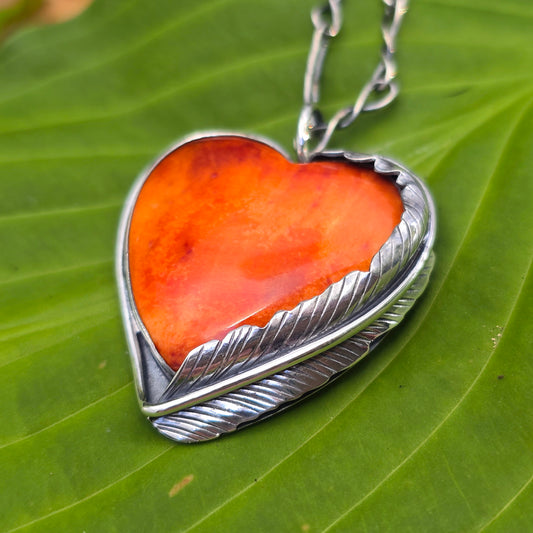 Orange Spiny Oyster Heart and Feather Pendant
