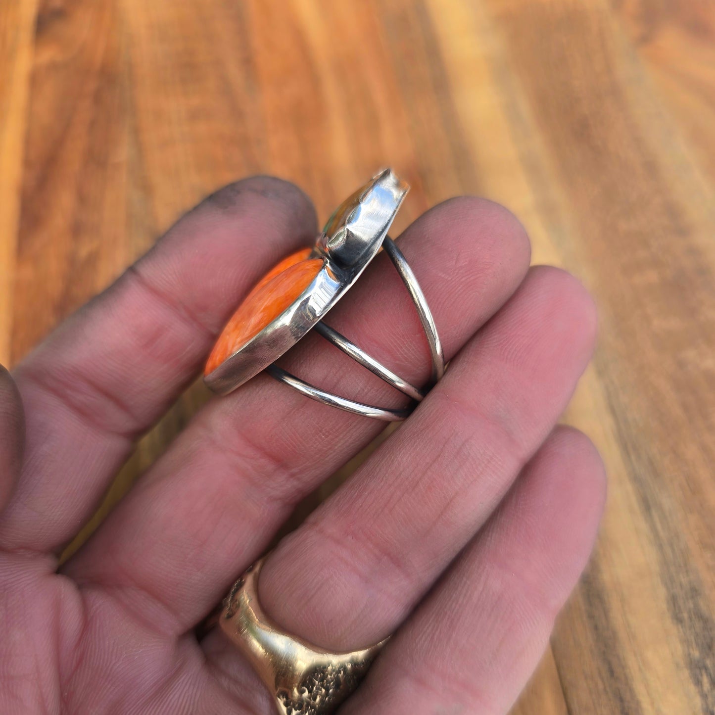 Orange Spiny Oyster & Turquoise Heart Ring — One-of-a-Kind Sterling Silver Statement