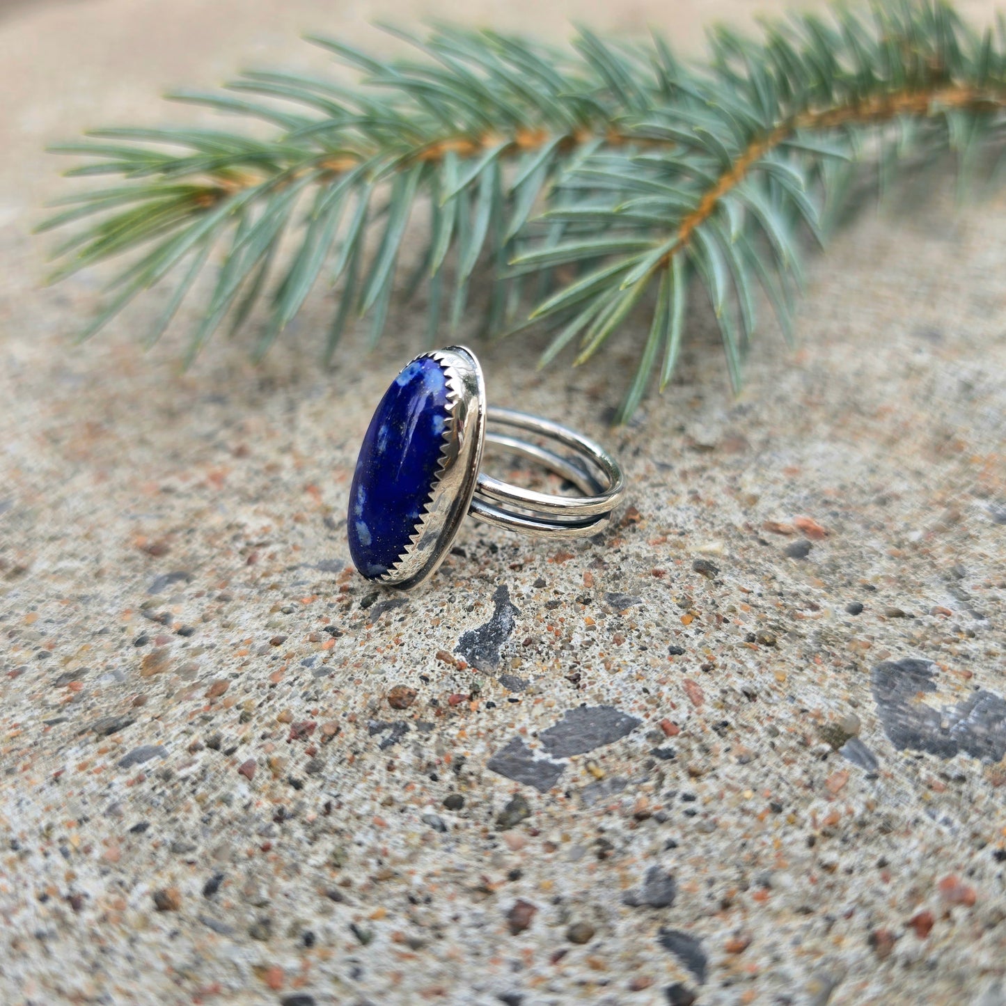Elongated Lapis Lazuli Hand-Forged Sterling Silver Ring