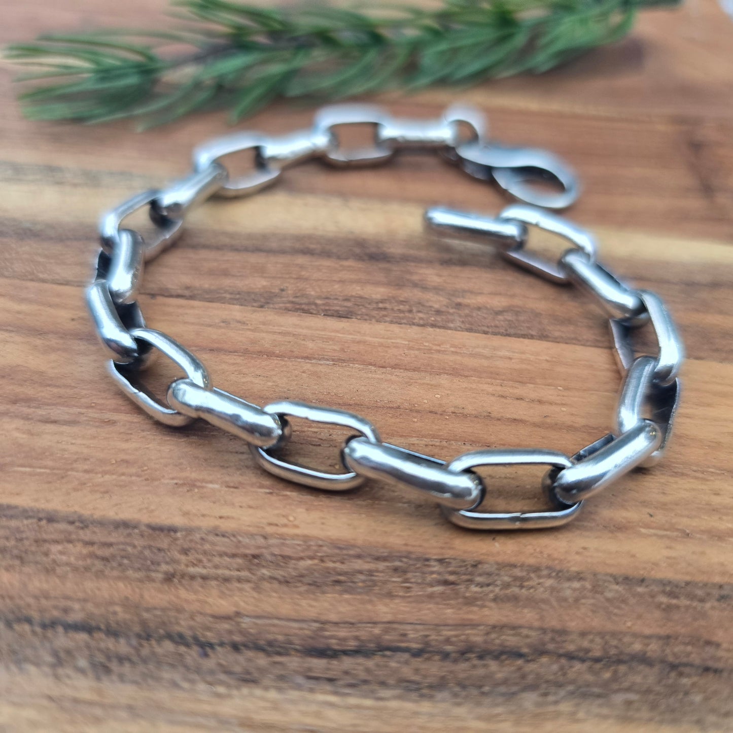 Oxidized sterling silver paperclip bracelet with half round links