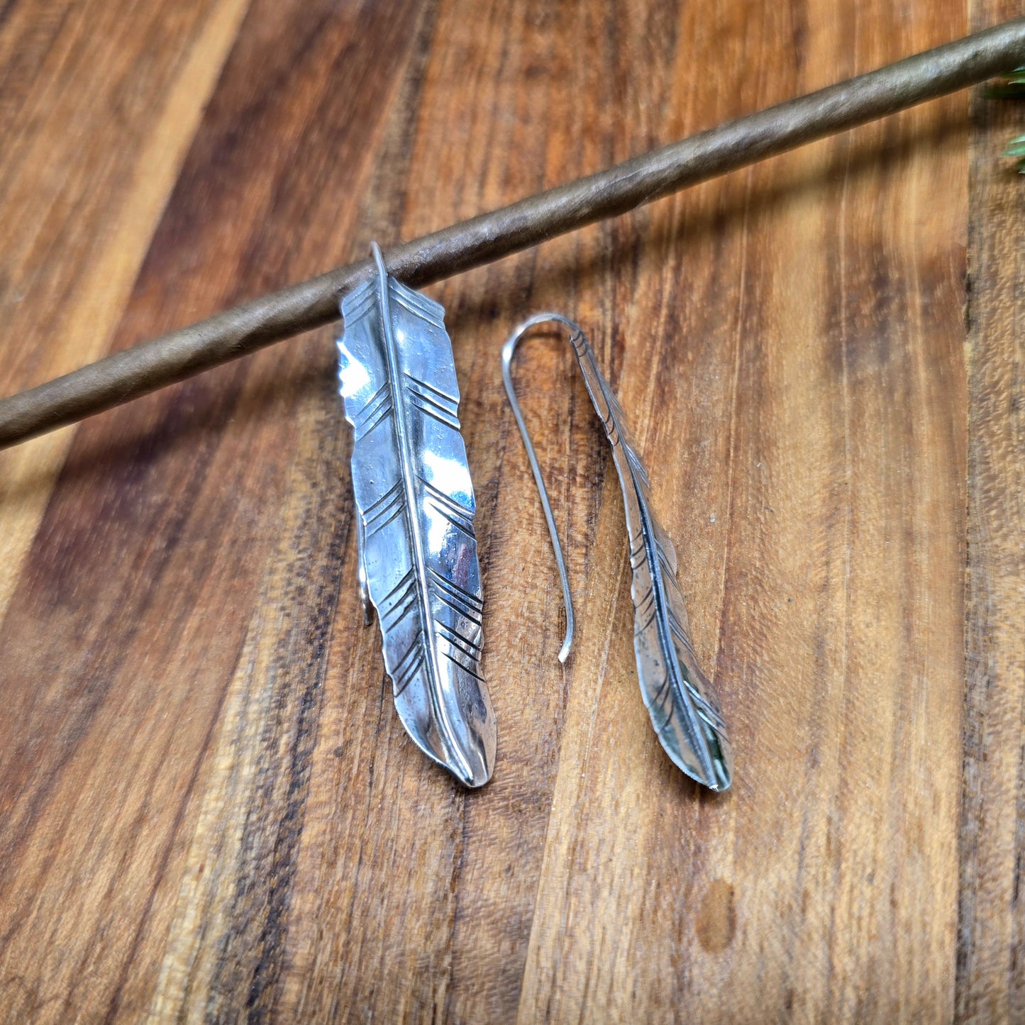 oxidized sterling silver feather threader earrings