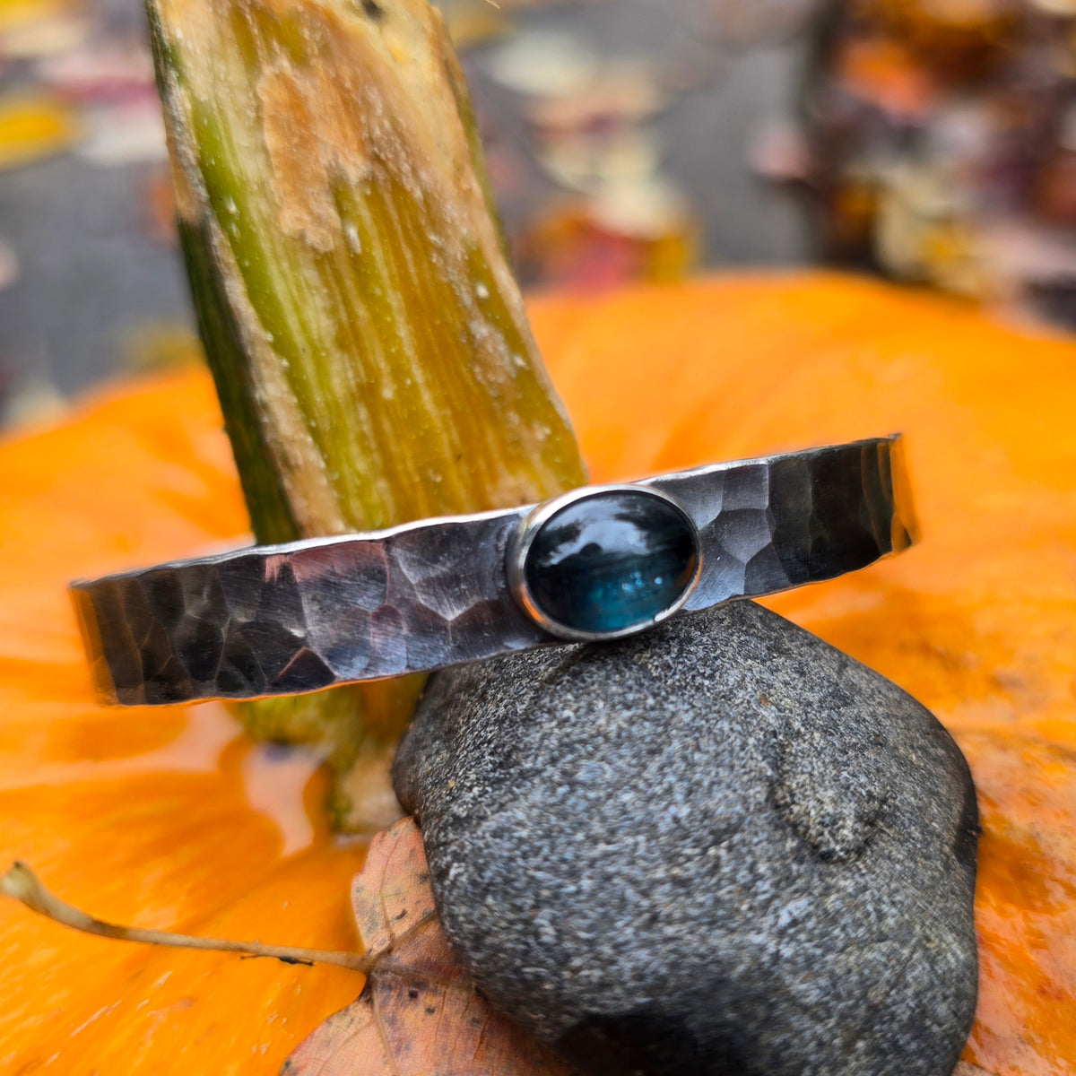 Paraiba Kyanite Hand-Forged Sterling Silver Hammered Cuff