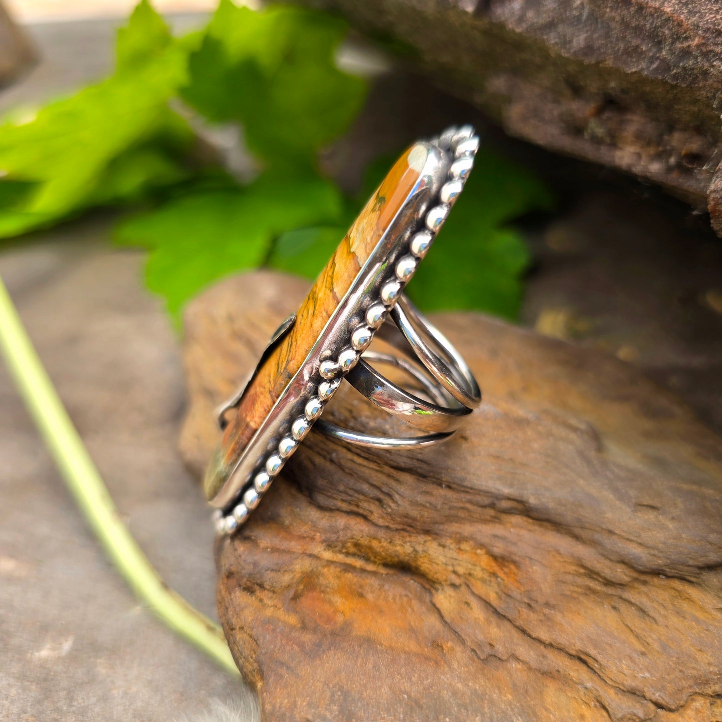 Picture Jasper Feather Sterling Silver Statement Ring