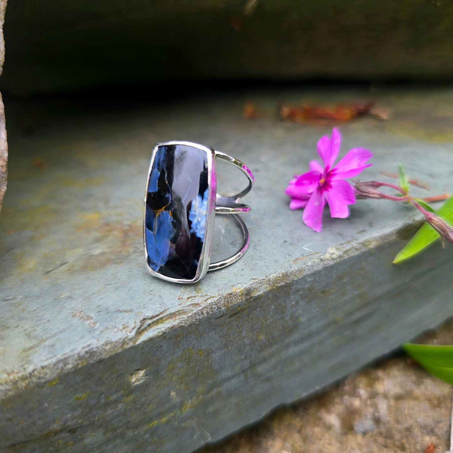 Pietersite Hand-Forged Sterling Silver Triple Shank Ring